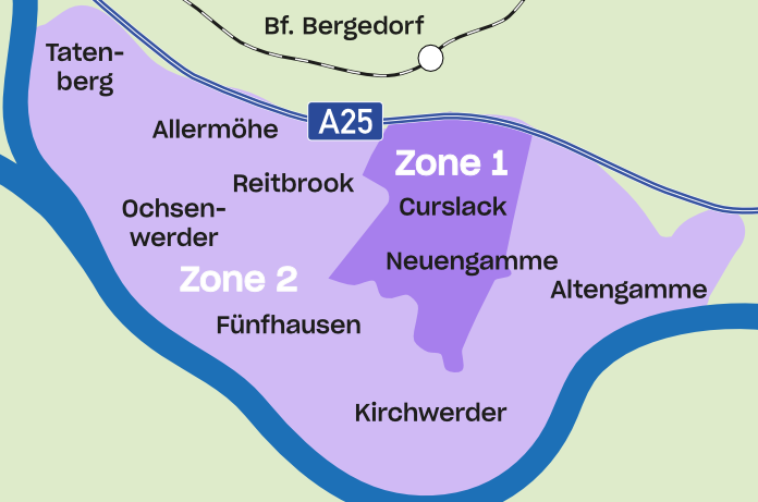 Zone 1: Achterdeich, Curslack, Neueng. Zone 2: Allerm., Reitbr., Tatenb., Neueng., Ochsenw., Fünfh., Zollensp. Kirchw., Alteng.